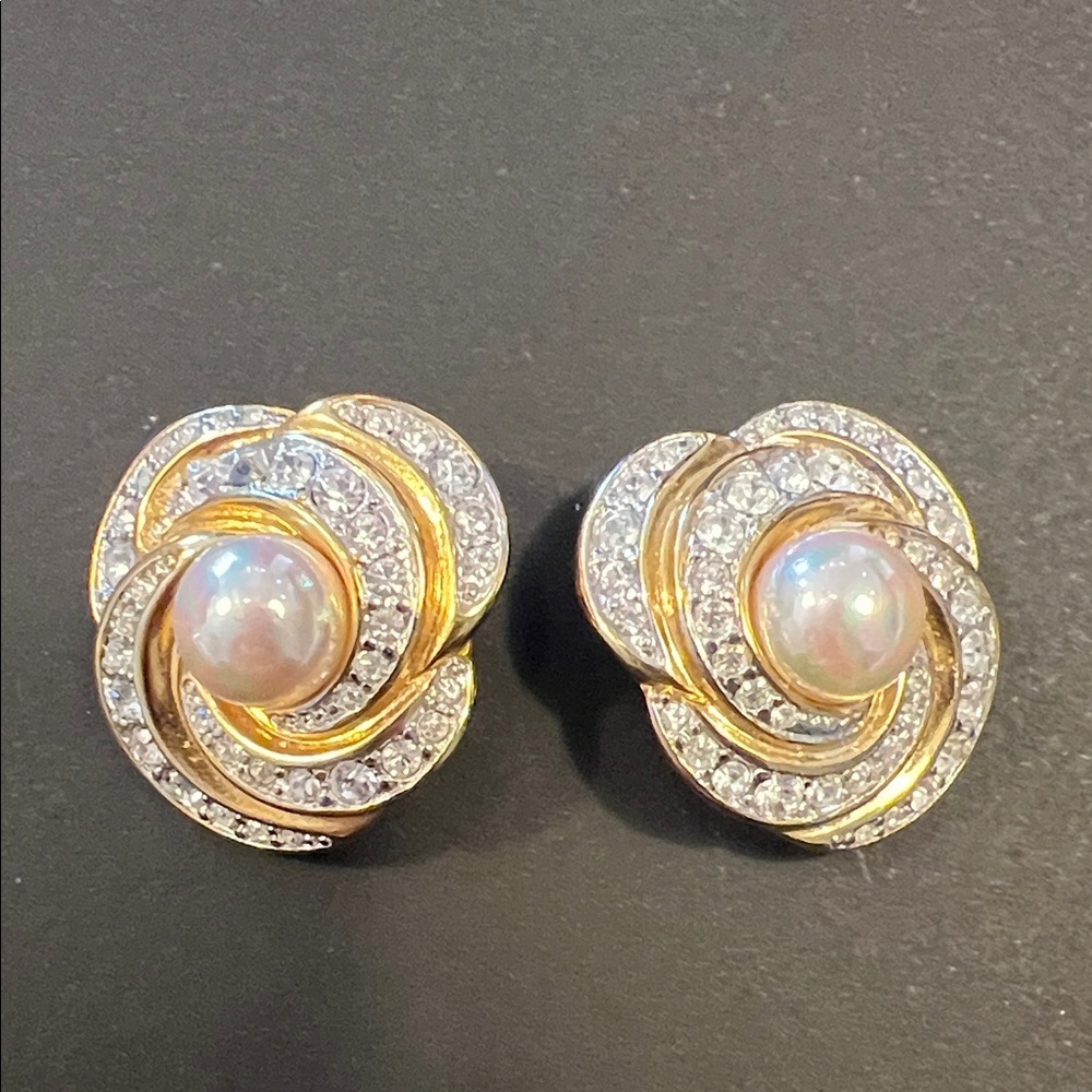 Rare Vintage Nolan Miller Pearl & Pavé Clip-On Earrings